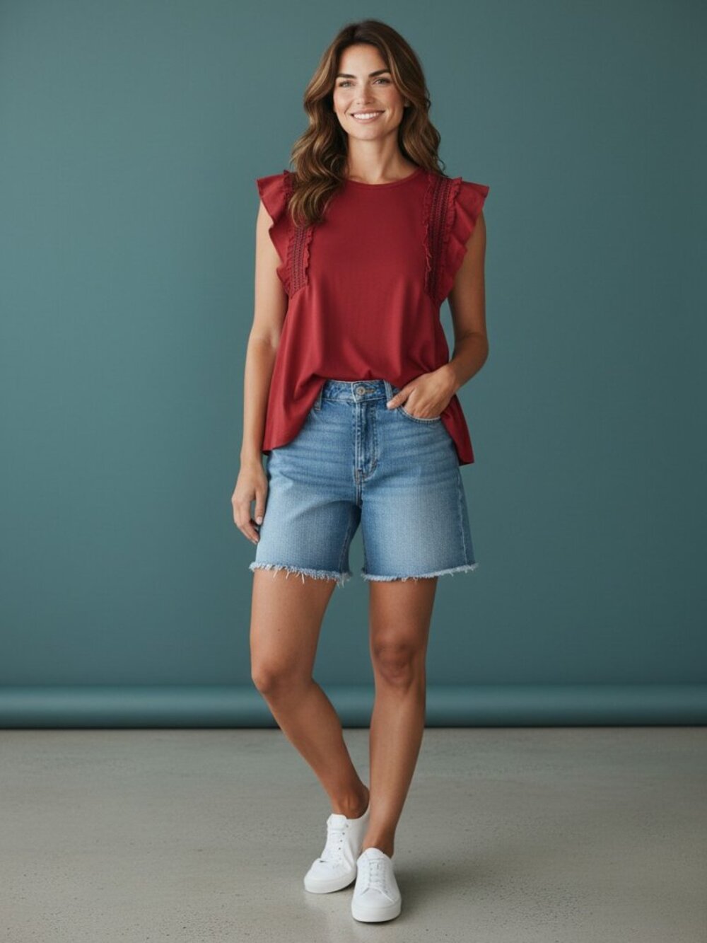 Nautica Jeans Red Ruffle Trim Flutter Sleeve Tee Large Elevated Capsule Bold